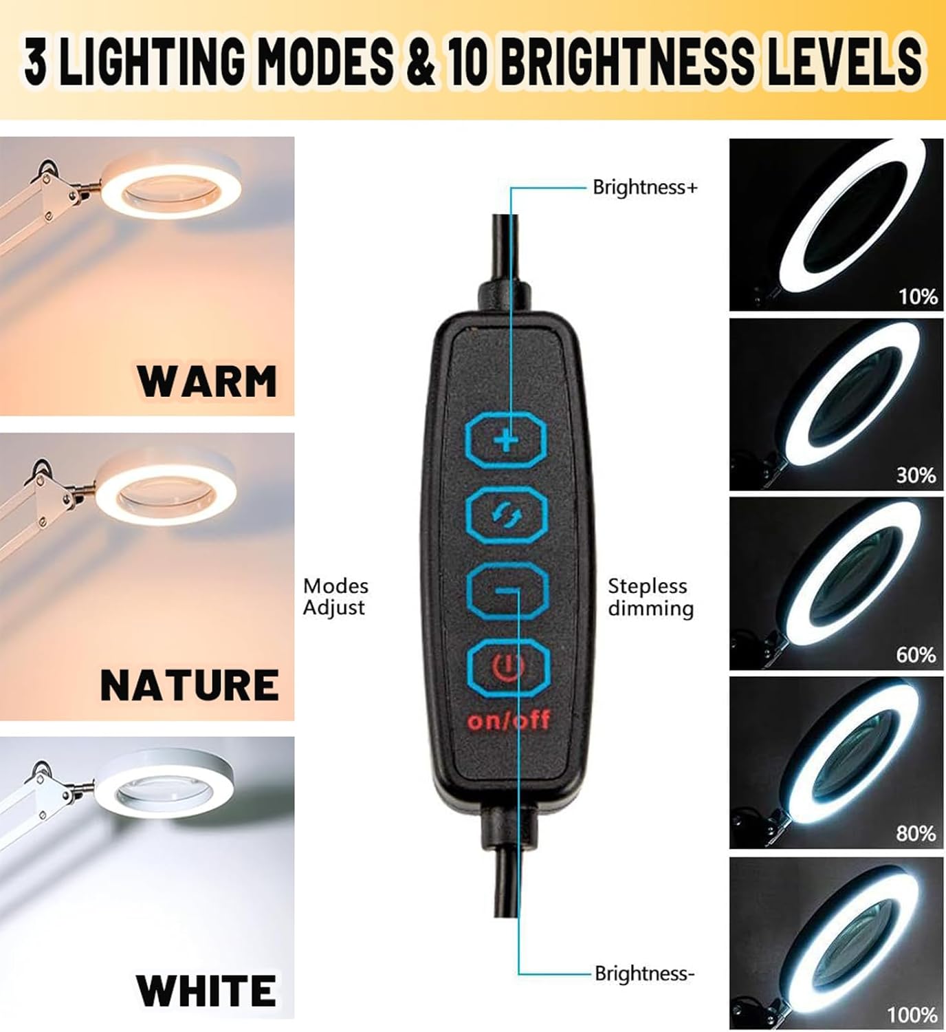 Detalle 2 de 10X Lupenlampe mit Licht und Ständer – 72 LEDs, 10-fache Vergrößerung, Metallklemme
