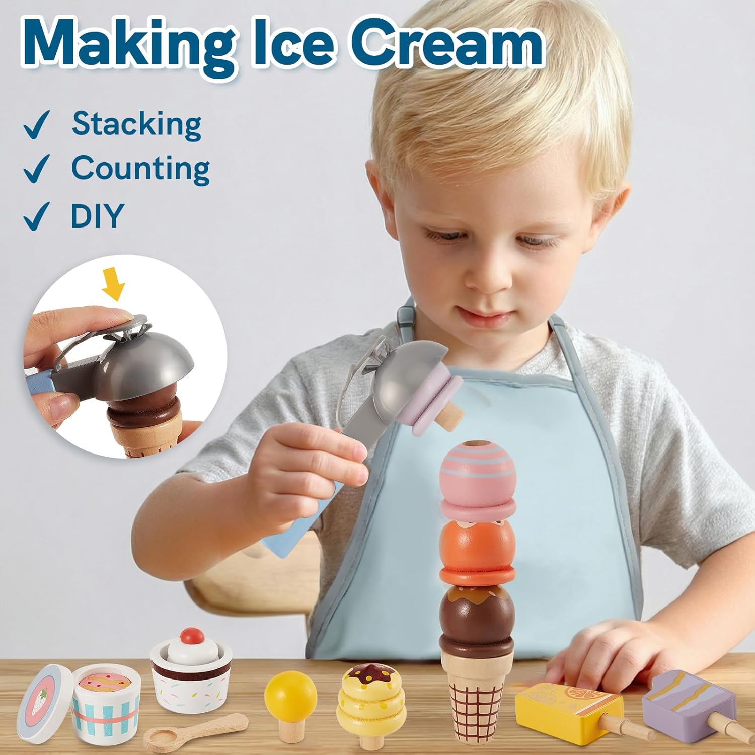 Detalle 2 de HERSITY Eiscreme-Set Kinder aus Holz mit Eis am Stiel zum Stapeln (blau) – Spielzeug für Rollenspiele ab 3 Jahren