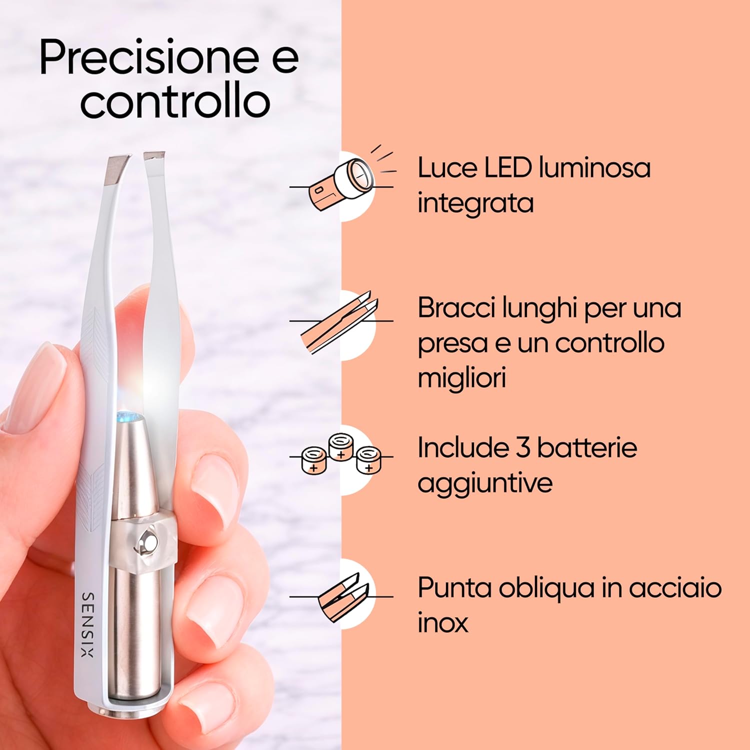 Thumbnail 2 de Sensica Pinzette Sopracciglia con Luce LED Professionali e punta obliqua in acciaio inox
