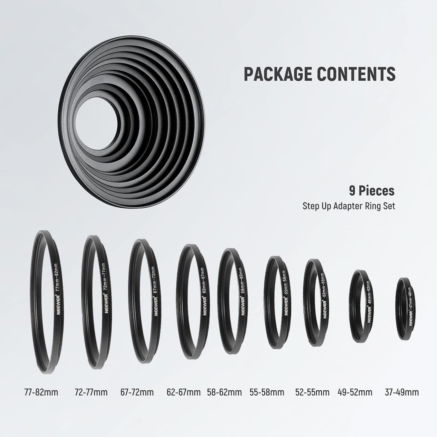 Thumbnail 6 de Neewer Set di 9 lenti filtro con anelli adattatori in alluminio anodizzato (37-49…77-82 mm)