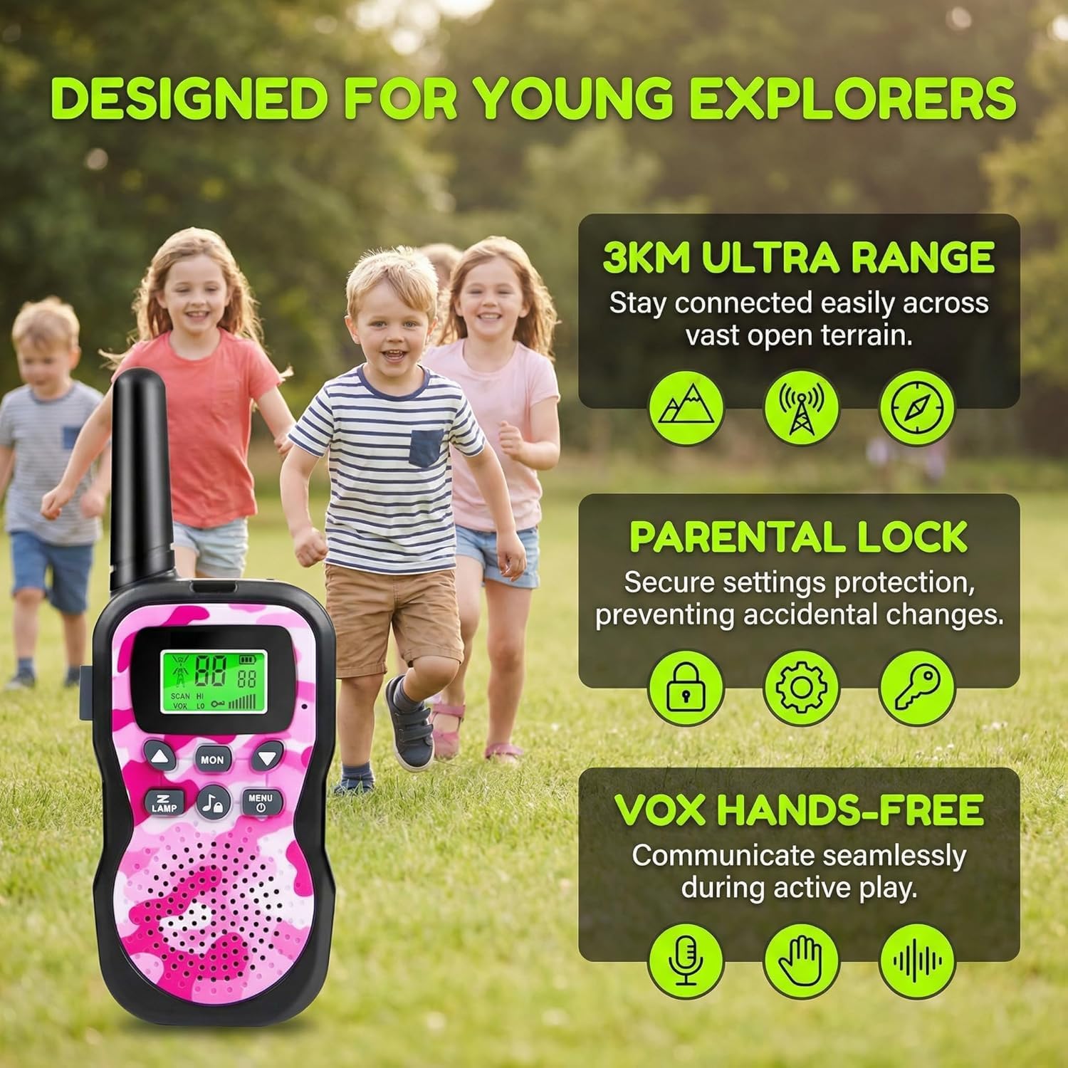 Thumbnail 1 de JUAUO HK-588 oplaadbare walkietalkies voor kinderen, set van 3 met VOX
