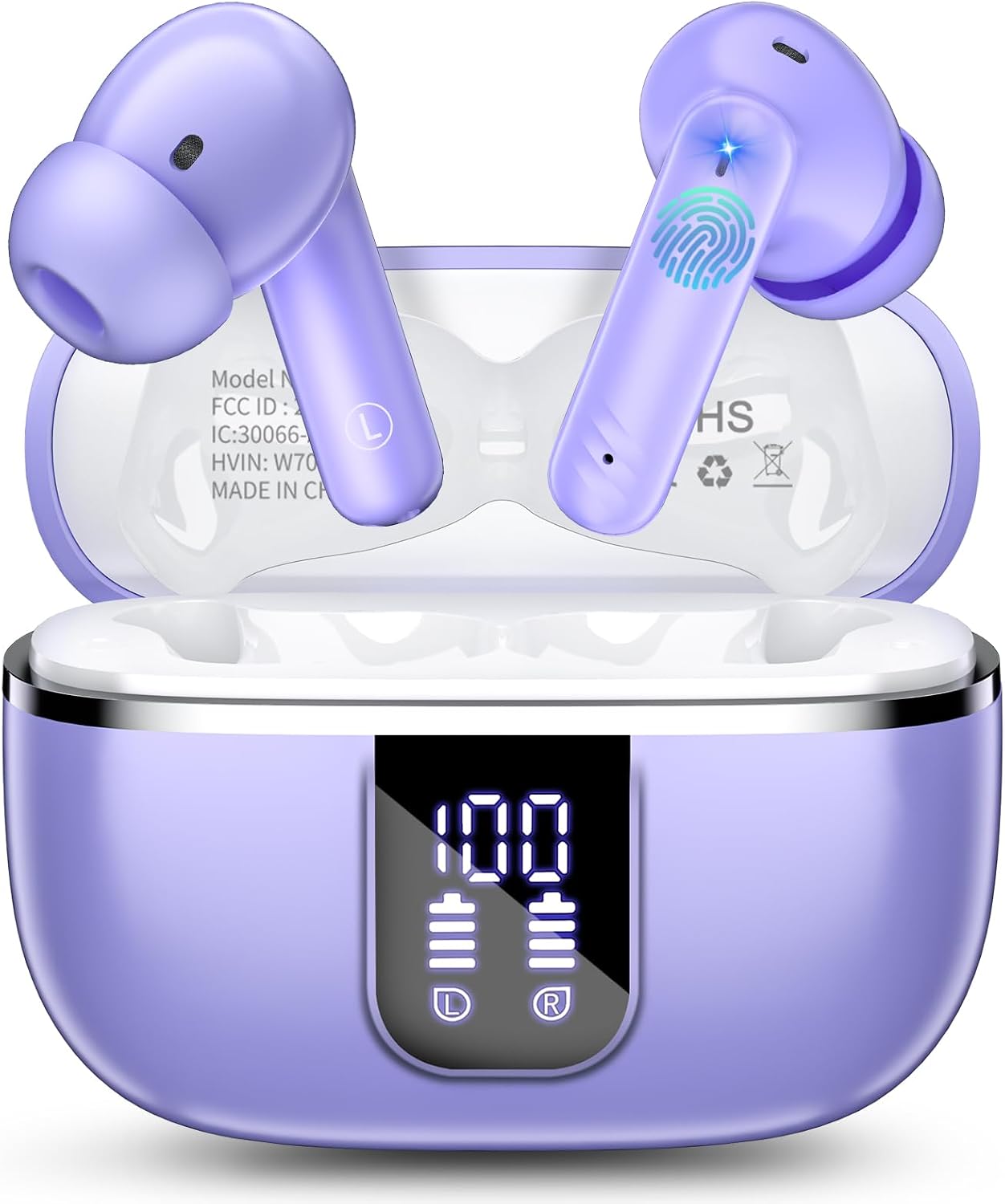 Detalle de Wireless Earbuds with Bluetooth 5.4, 4‑Mic ENC Noise Cancelling, IPX7, 46h Playtime, 3D Bass – Purple