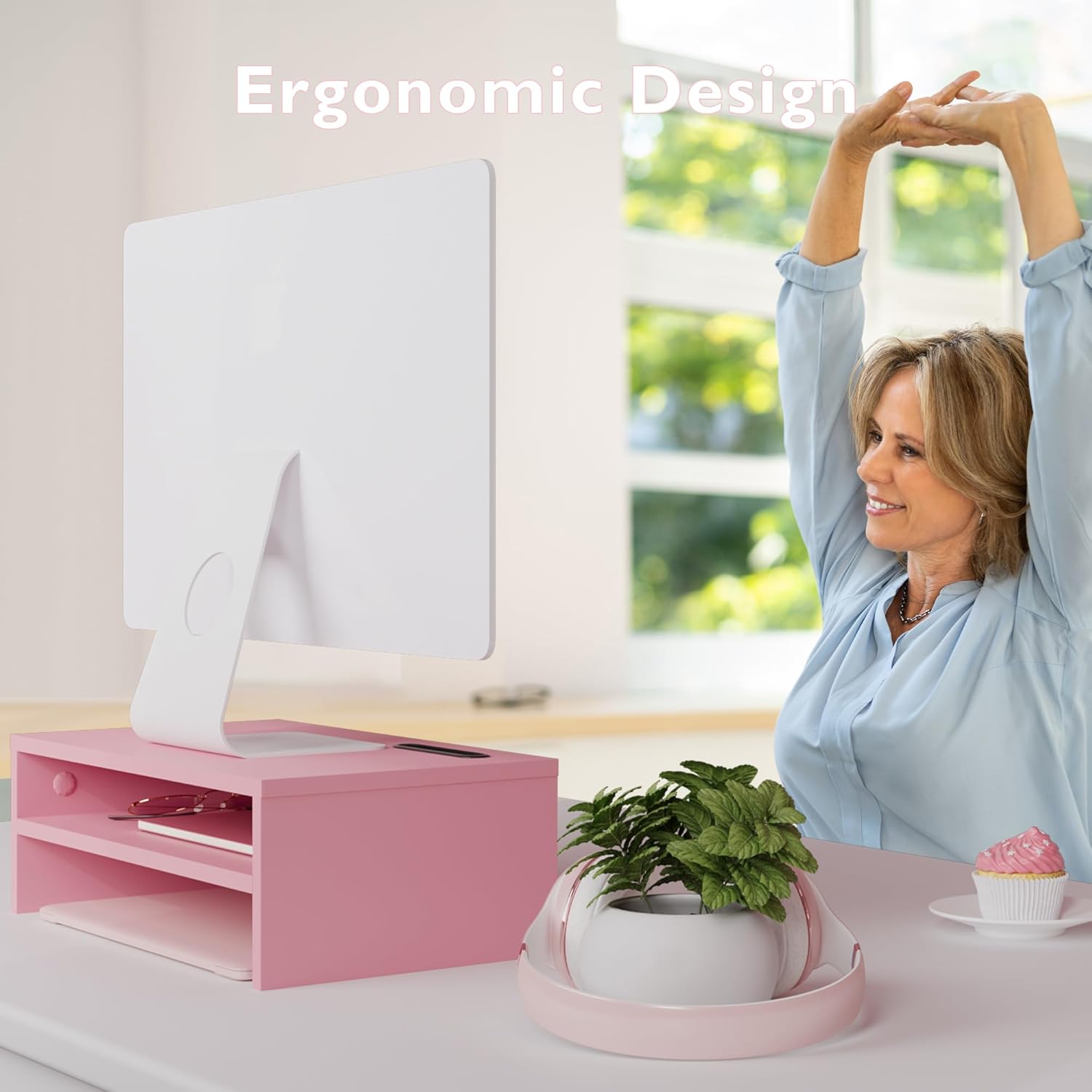 Thumbnail 3 de BONTEC Wood Monitor Stand Riser: 2-Tier Desk Stand with Smartphone Holder and Cable Management