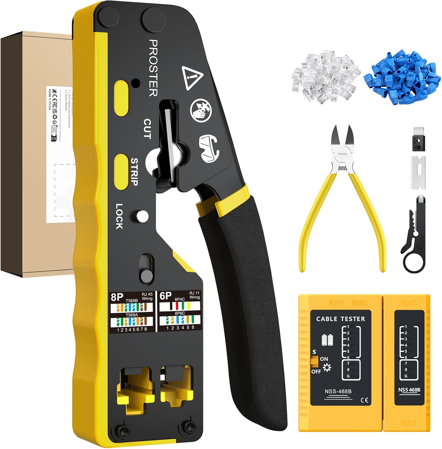 Detalle de Proster Kit pinza crimpatrice RJ45 CAT6 pass-through + spelafili + tester (50 connettori e coperture)
