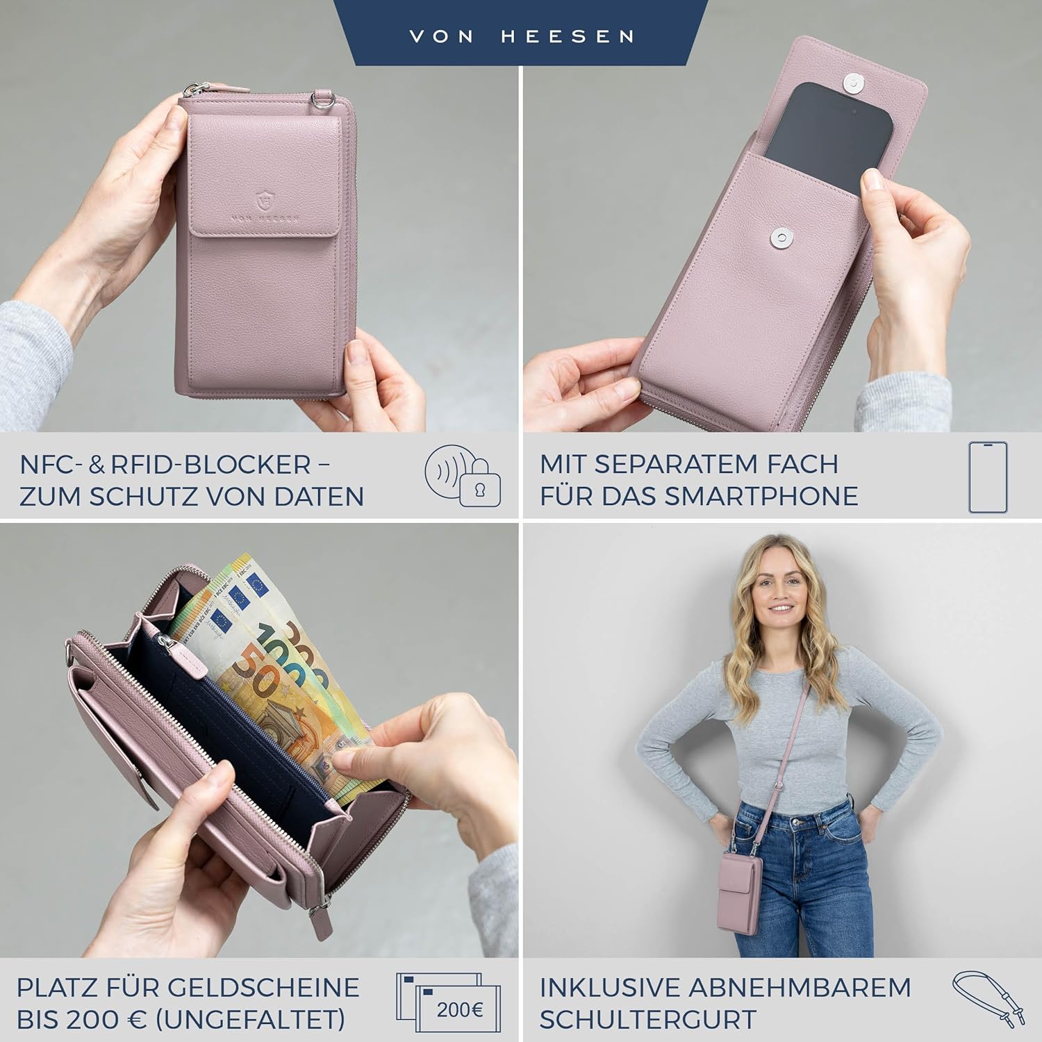 Thumbnail 1 de VON HEESEN Leder Handy-Geldbörse mit RFID-Schutz – Premium Lederhandytasche mit Münzfach