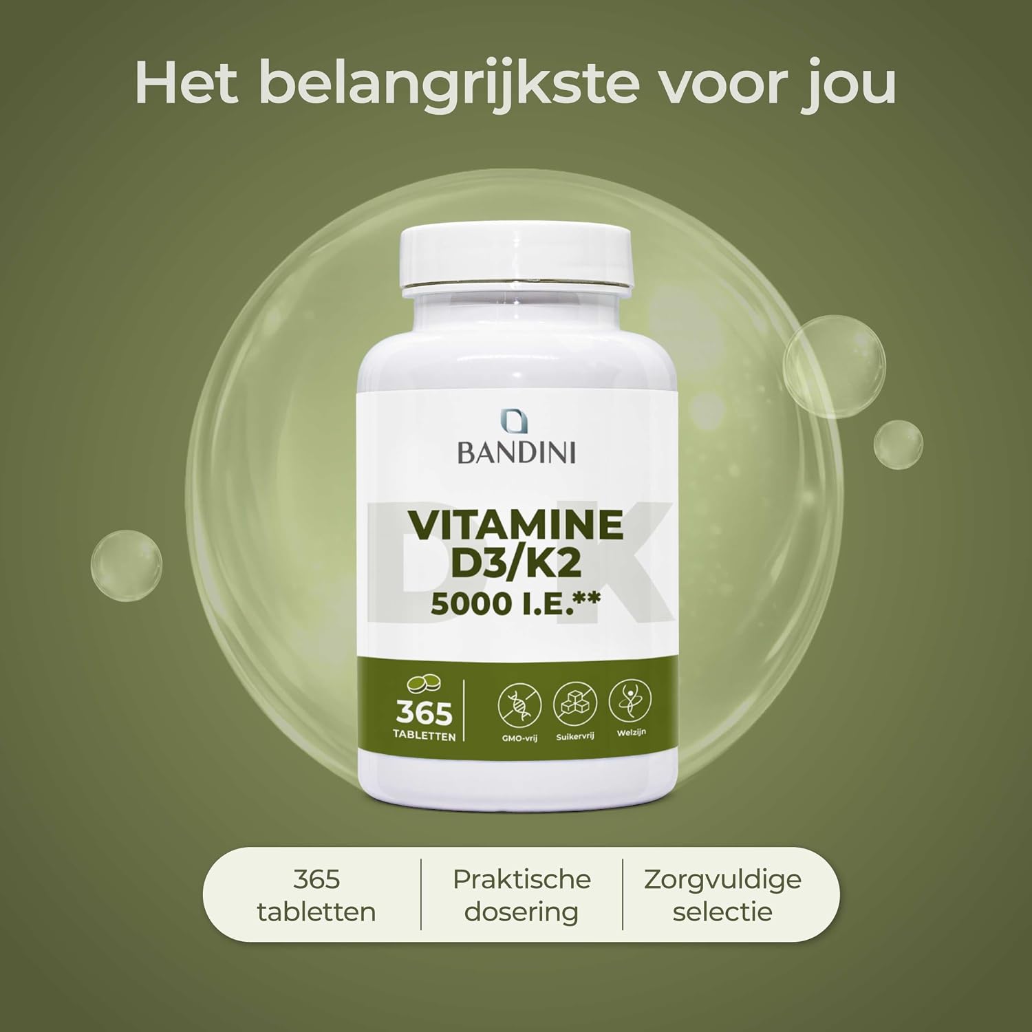 Detalle 2 de BANDINI Vitamine D3 + K2, 365 vegan tabletten met 100 µg K2 MK-7