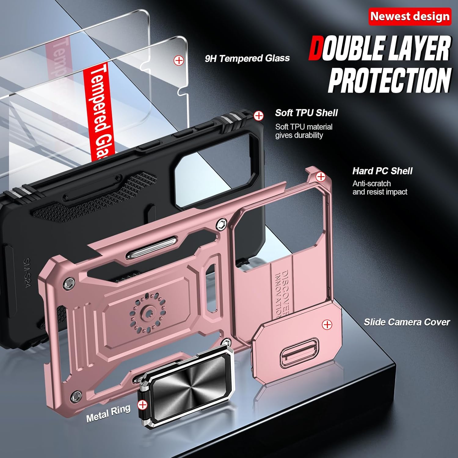Thumbnail 2 de LeYi Samsung Galaxy S25 Case with Camera Lens Cover Slider, Ring Stand – Military-Grade, Rose Gold