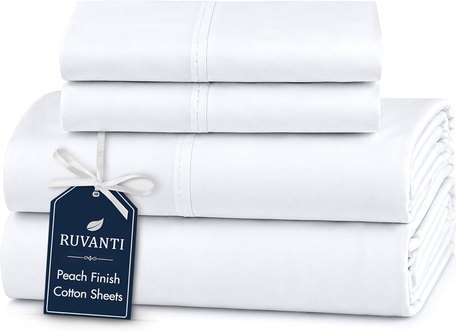 Detalle de RUVANTI 100% Cotton Percale Sheets – Queen, Bright White with Peach Finish