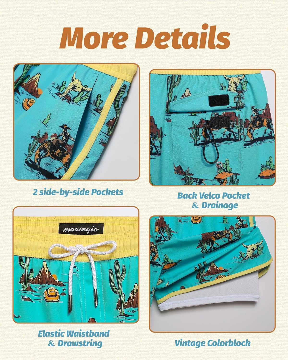 Thumbnail 3 de maamgic Mens Short 80s 90s Vintage 5.5" Swim Trunks: 2-in-1 Quick-Dry Beachwear