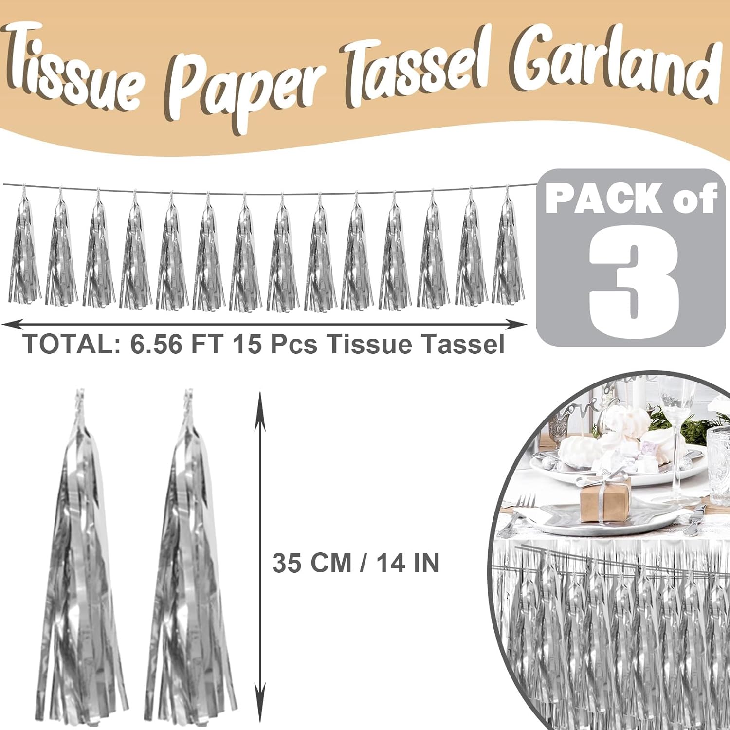 Thumbnail 1 de 3P Silver Foil Fringe Tassel Banner – 29.5 ft Metallic Tassel Garland (3 Strips, 45 Tassels) for Party Decorations