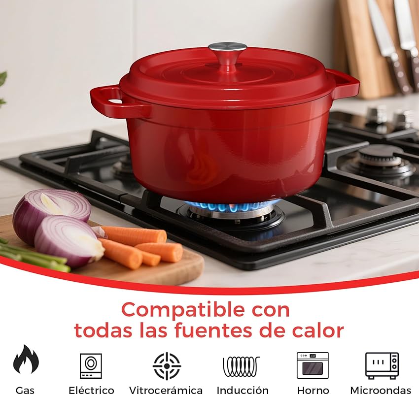 Detalle 2 de YASHE olla de hierro fundido con tapa antiadherente roja