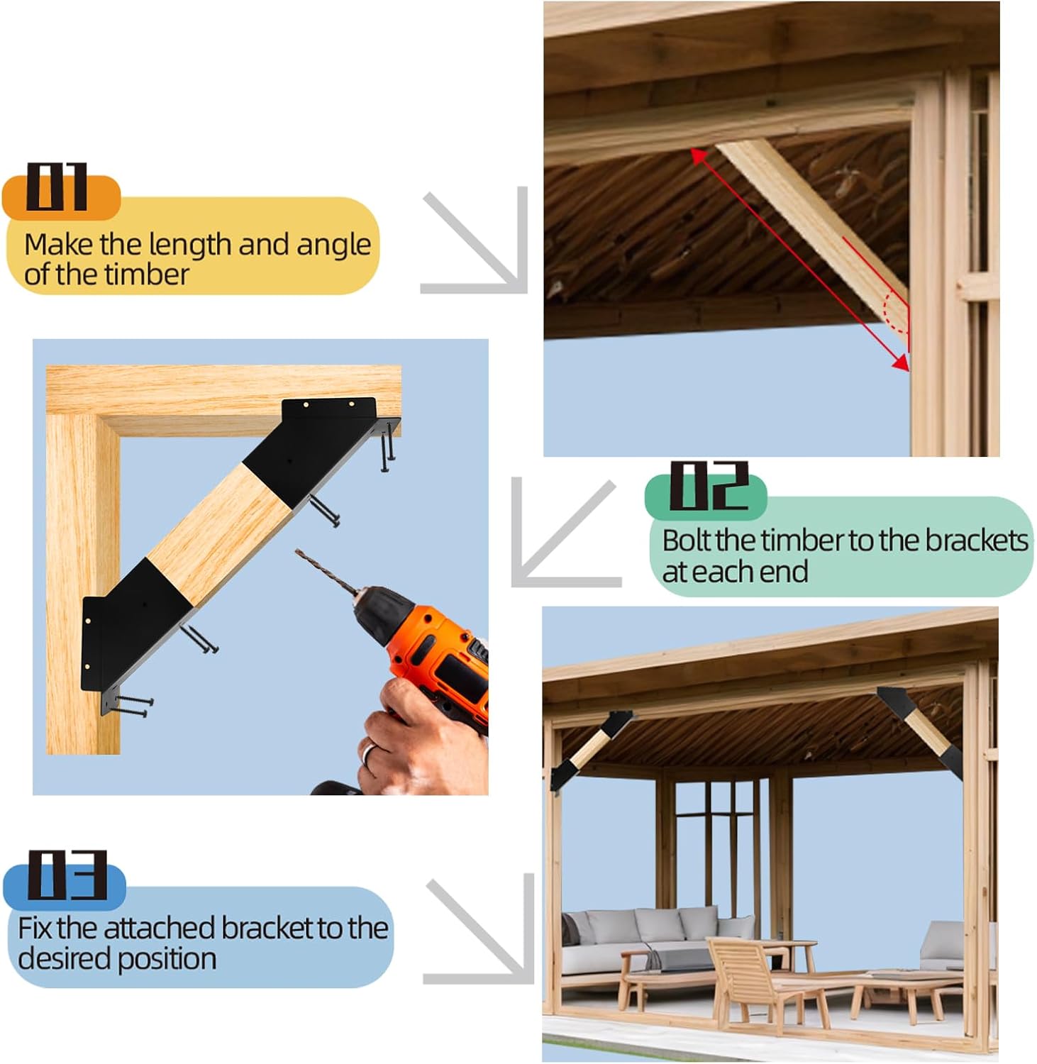 Thumbnail 5 de 8 Pcs Pergola Bracket Kit 1.6"x3.6" 🛠