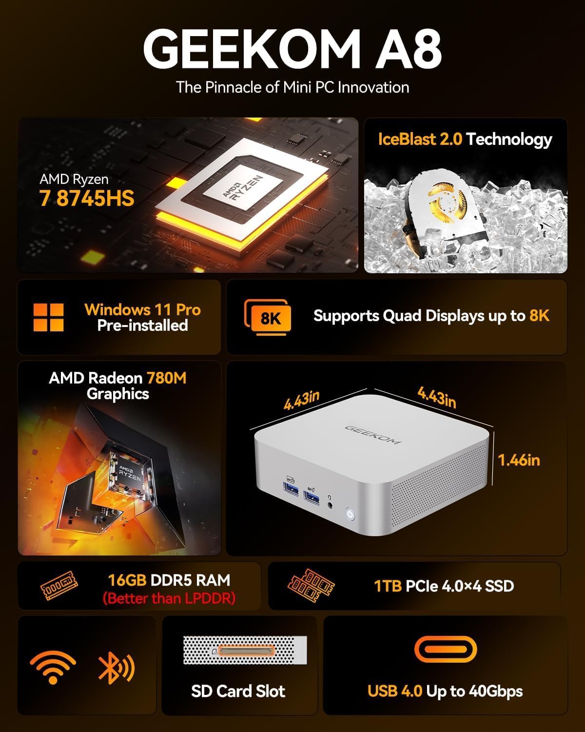 Detalle de GEEKOM A8 Mini PC (Windows 11 Pro) with AMD Ryzen 7 8745HS, 16GB DDR5 & 1TB SSD