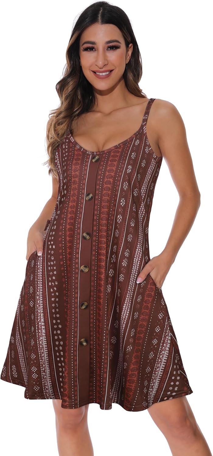 Detalle de ADOREJOY Women's Spaghetti-Strap Sundress with Buttons, Pockets and V-Neck