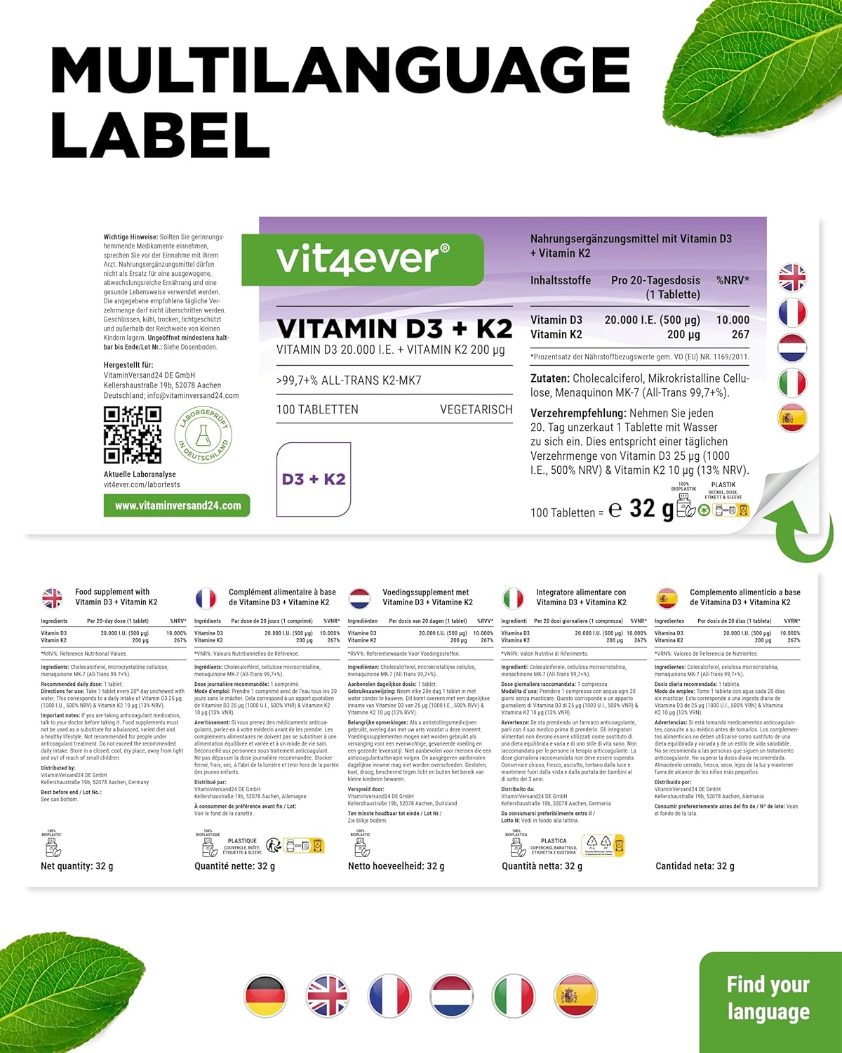 Thumbnail 6 de vit4ever Vitamin D3 20.000 I.E + Vitamin K2 200 µg MK7 Depot 100 Tabletten