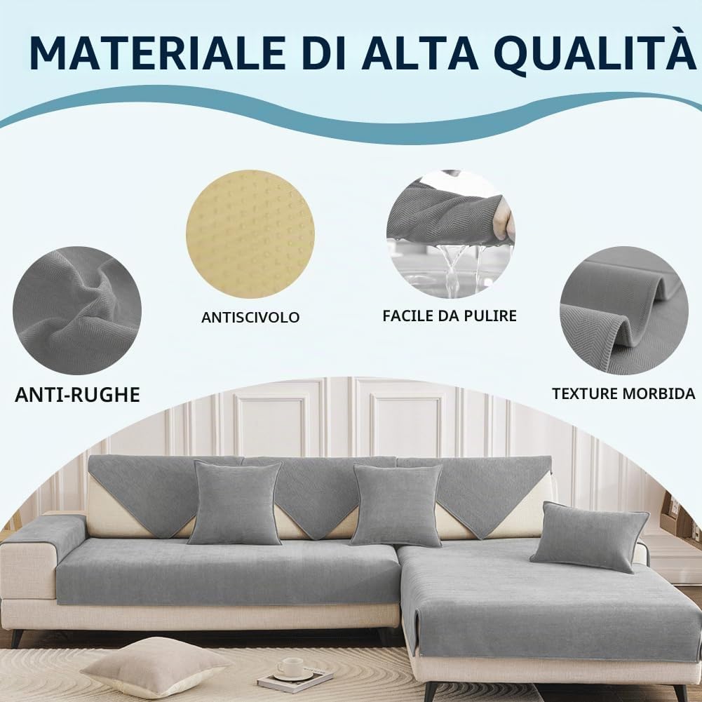 Detalle 2 de DUJUIKE Copridivano 3 Posti con Penisola in ciniglia grigio 70x160 cm