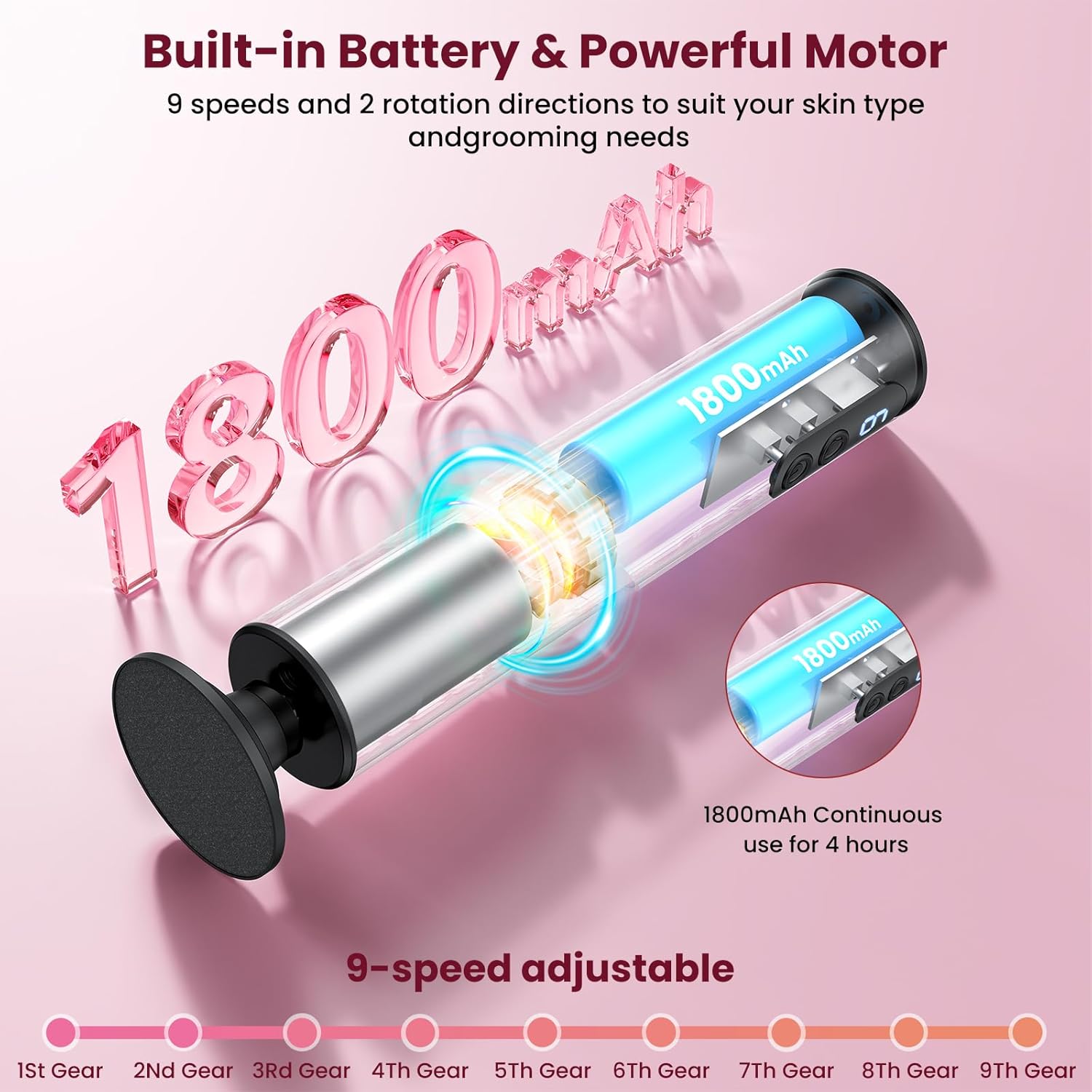 Thumbnail 3 de PKBD pedicure elettrico 2-in-1 ricaricabile con display LCD, 9 velocità (rosa)