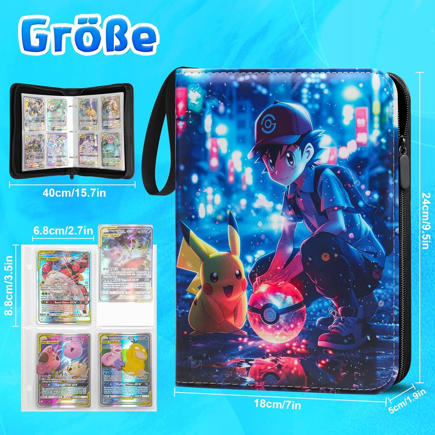 Detalle de LYAILOOGXL Pokémon Sammelalbum 400 Karten – 50 Seiten, 4 Fächer, wasserdichtes PU-Leder