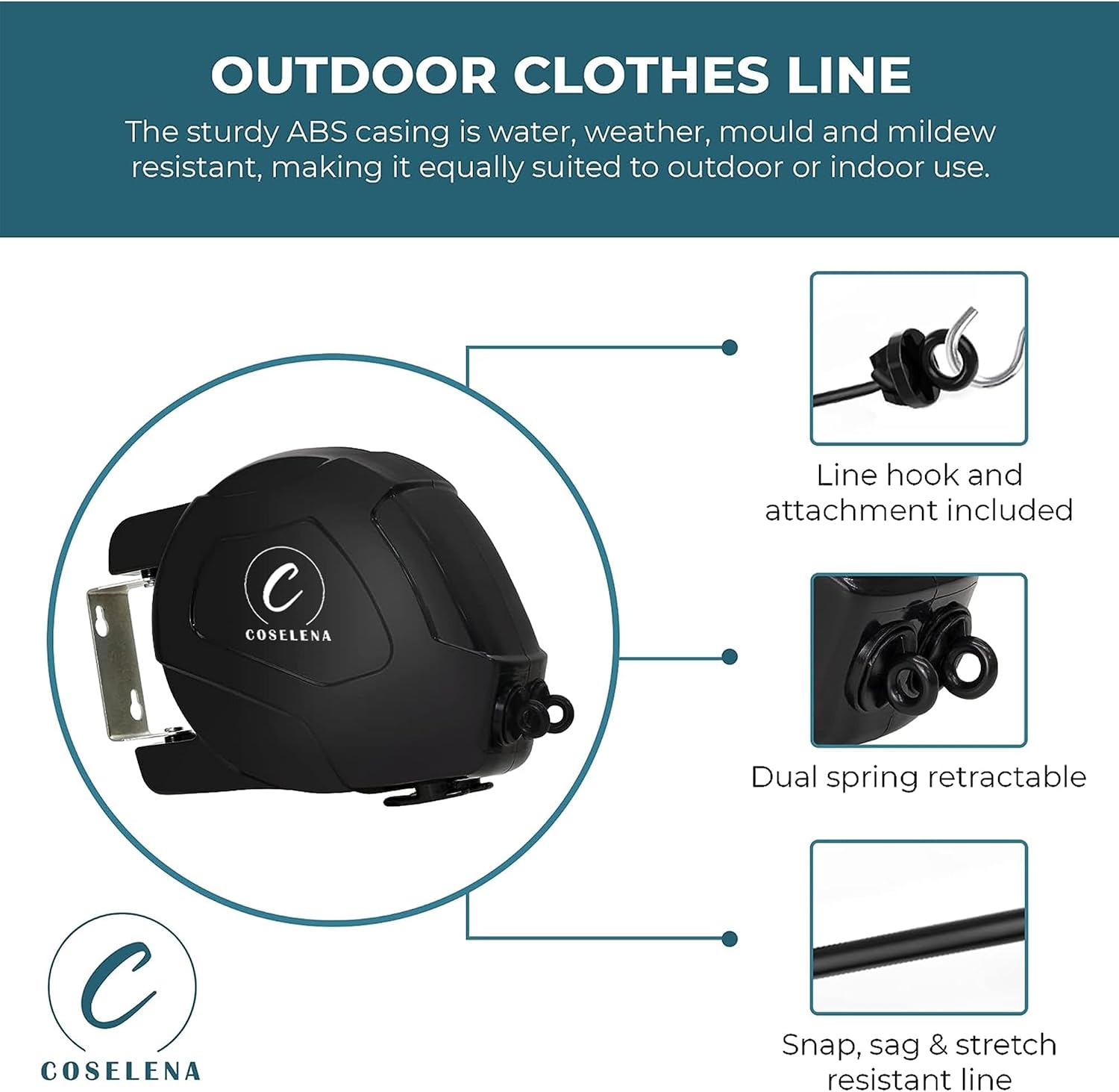 Detalle de Coselena 30m Retractable Washing Line – Heavy-Duty Twin Clothes Line with Hook