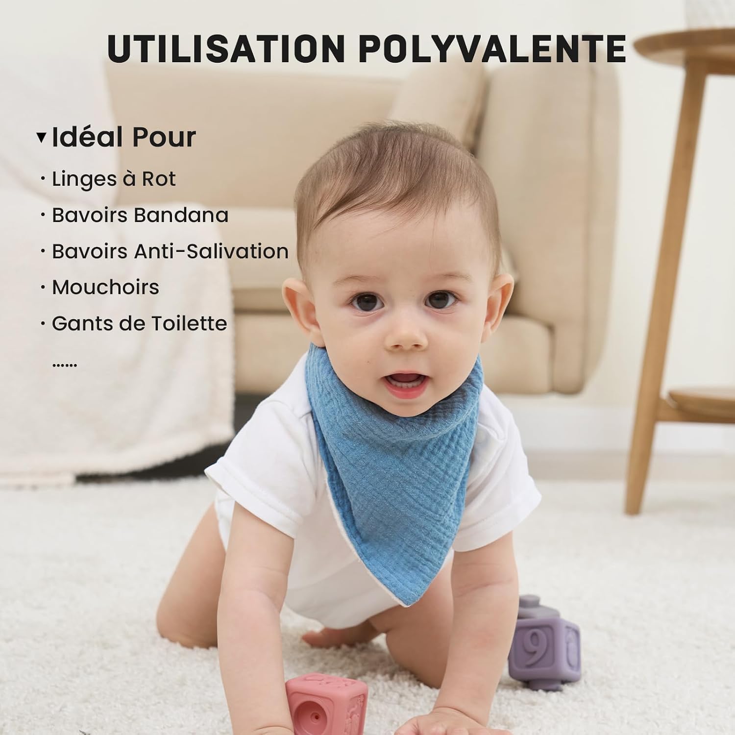 Thumbnail 4 de IKWOLETI Bavoirs Bébé Naissance Mousseline – Ensemble 8 bandanas absorbants et ajustables