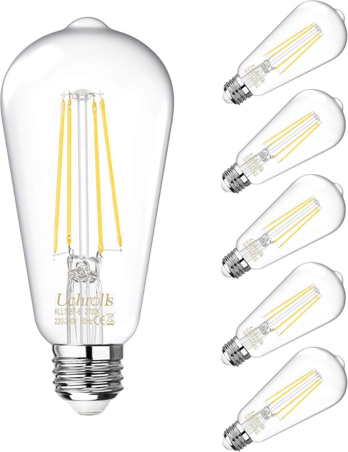 Detalle de Uchrolls Vintage Edison Light Bulb ST58 – 6W E27, Warm White 2700K, 800lm, Pack of 5