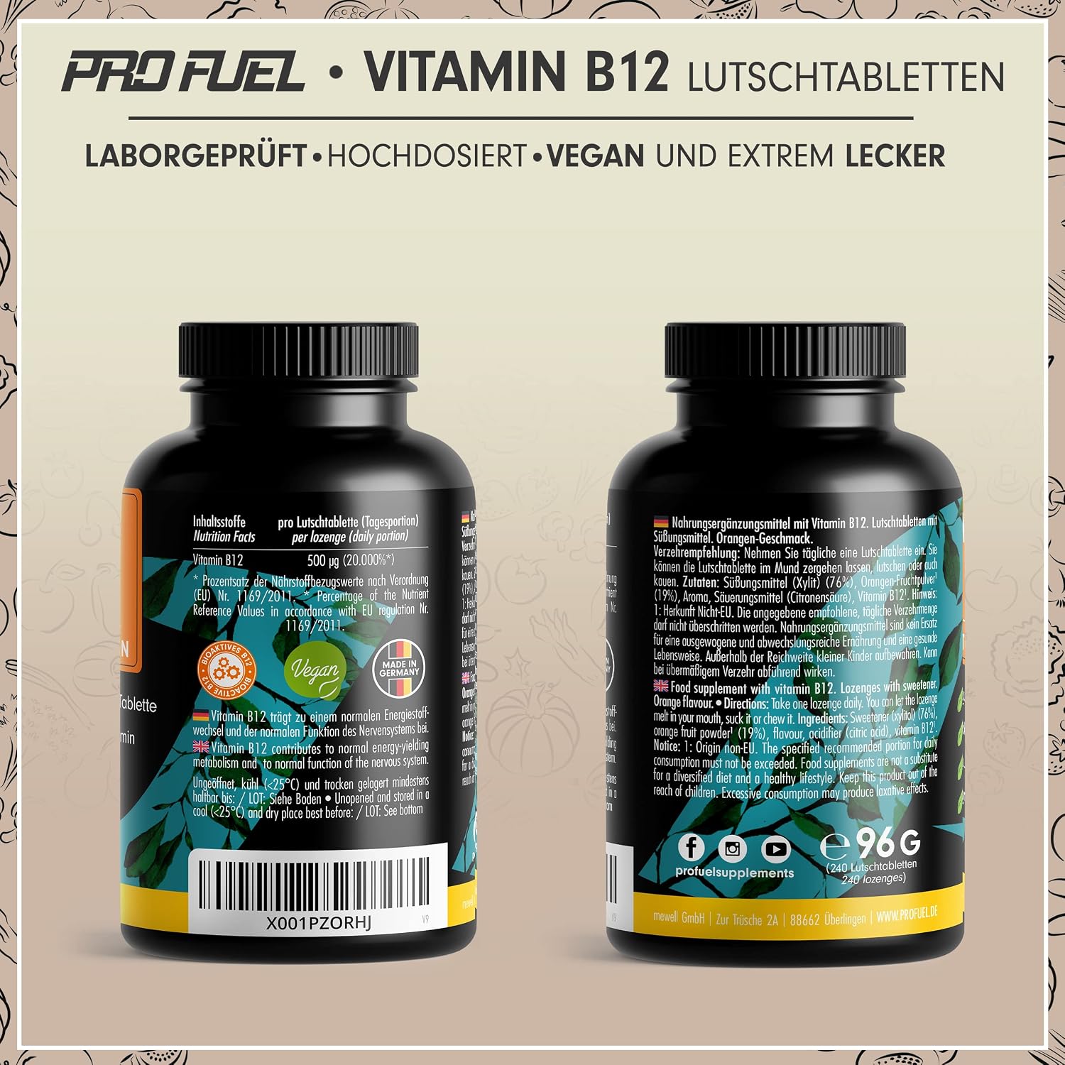 Detalle 2 de Vitamin B12 Lutschtabletten 240x Orange – 500 µg Methylcobalamin, vegan & zuckerfrei mit Xylit