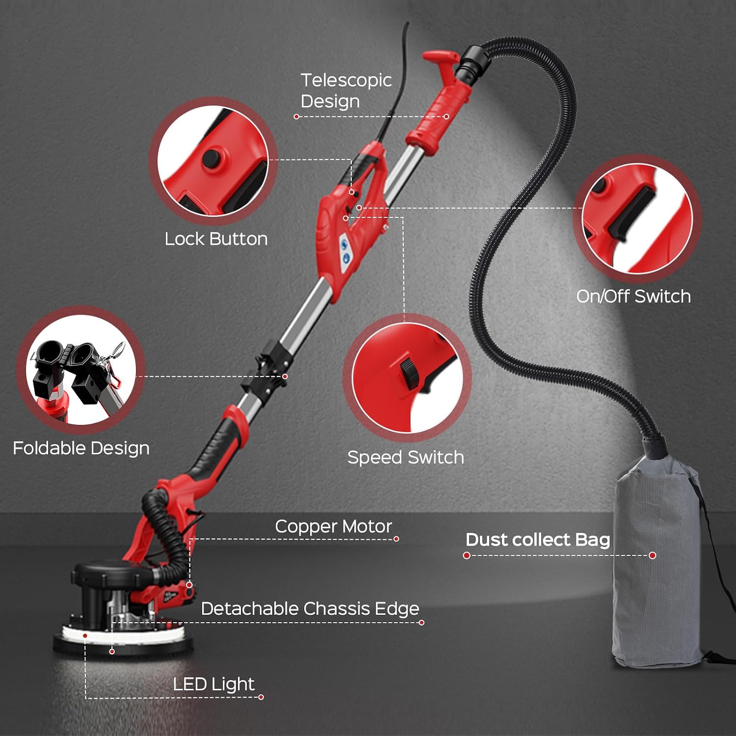 Thumbnail 1 de IMQUALI IM008R Drywall Sander, 8-Amp, Variable Speed, LED Light