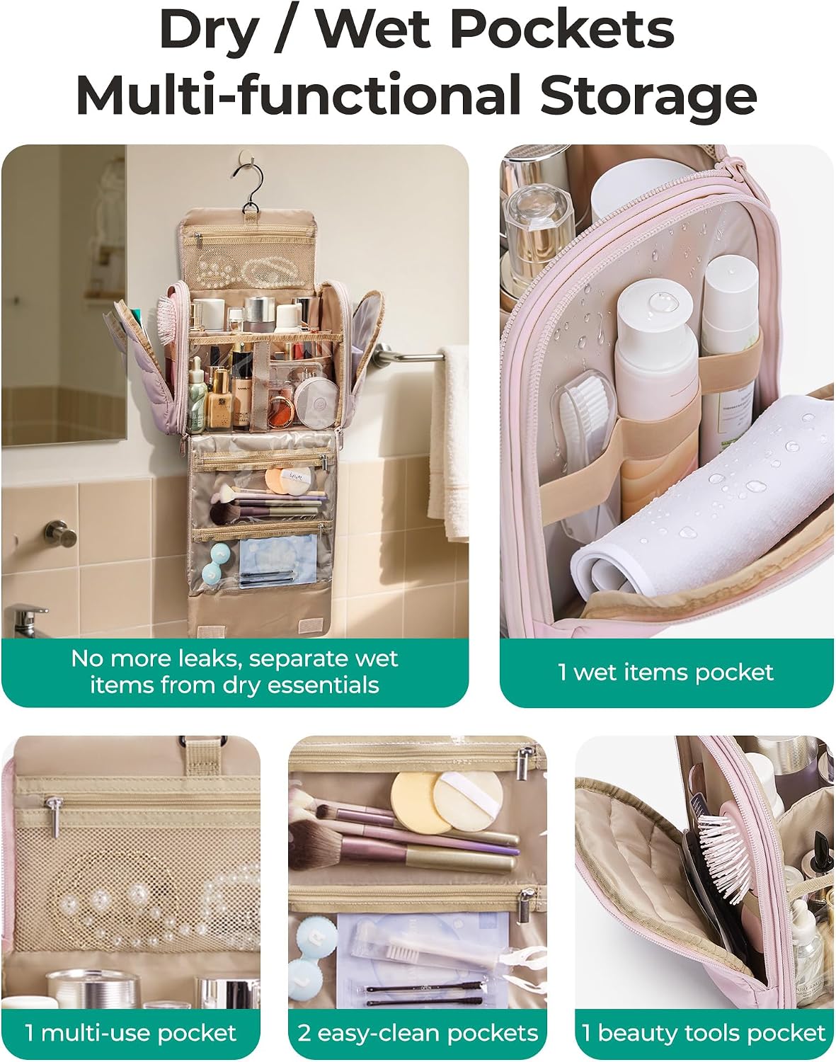 Thumbnail 2 de BAGSMART Hanging Puffer Toiletry Bag with Removable Dividers – Large Water-Resistant Cosmetic Case (Camel)