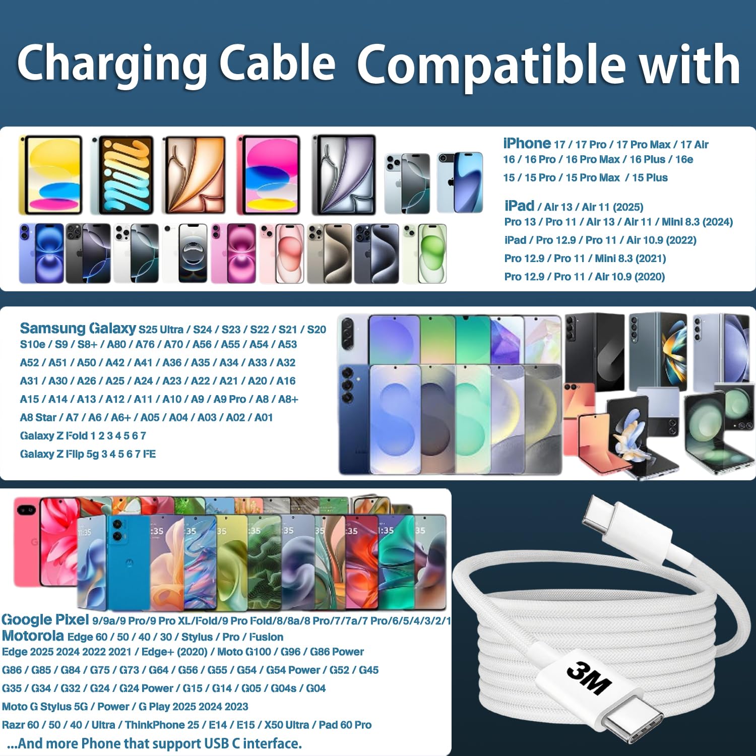 Thumbnail 4 de Extra Long USB-C to USB-C 3m iPhone Charger Cable (Nylon Braided)