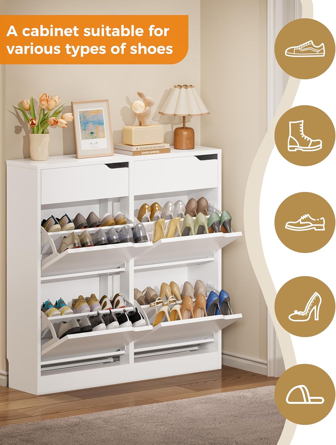 Thumbnail 3 de IRONCK shoe cabinet with 4 flip drawers and 2 drawers (freestanding, white) — slim entryway shoe storage
