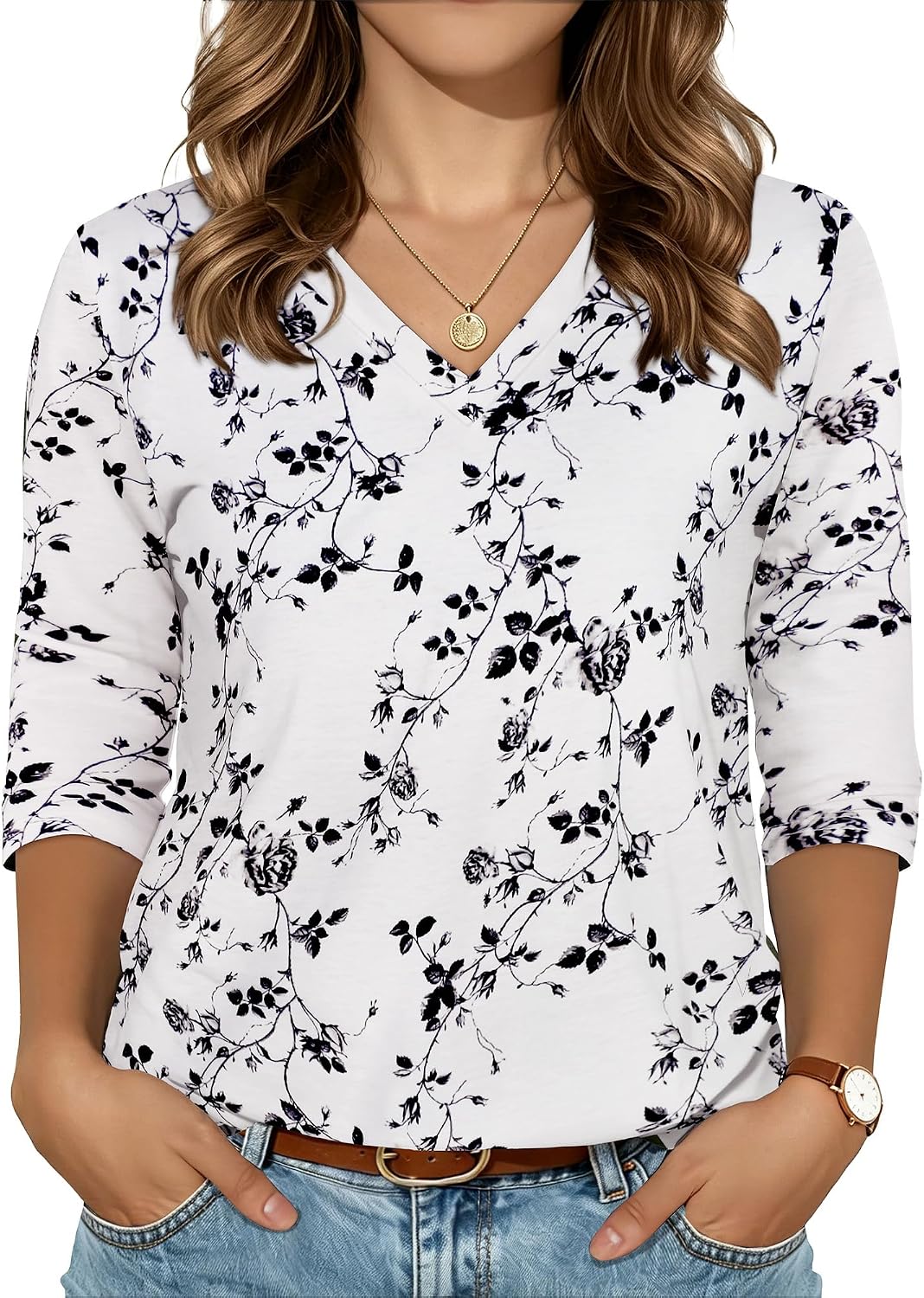 Detalle de CHICALLURE Women's 3/4-Sleeve V-Neck Tunic Top