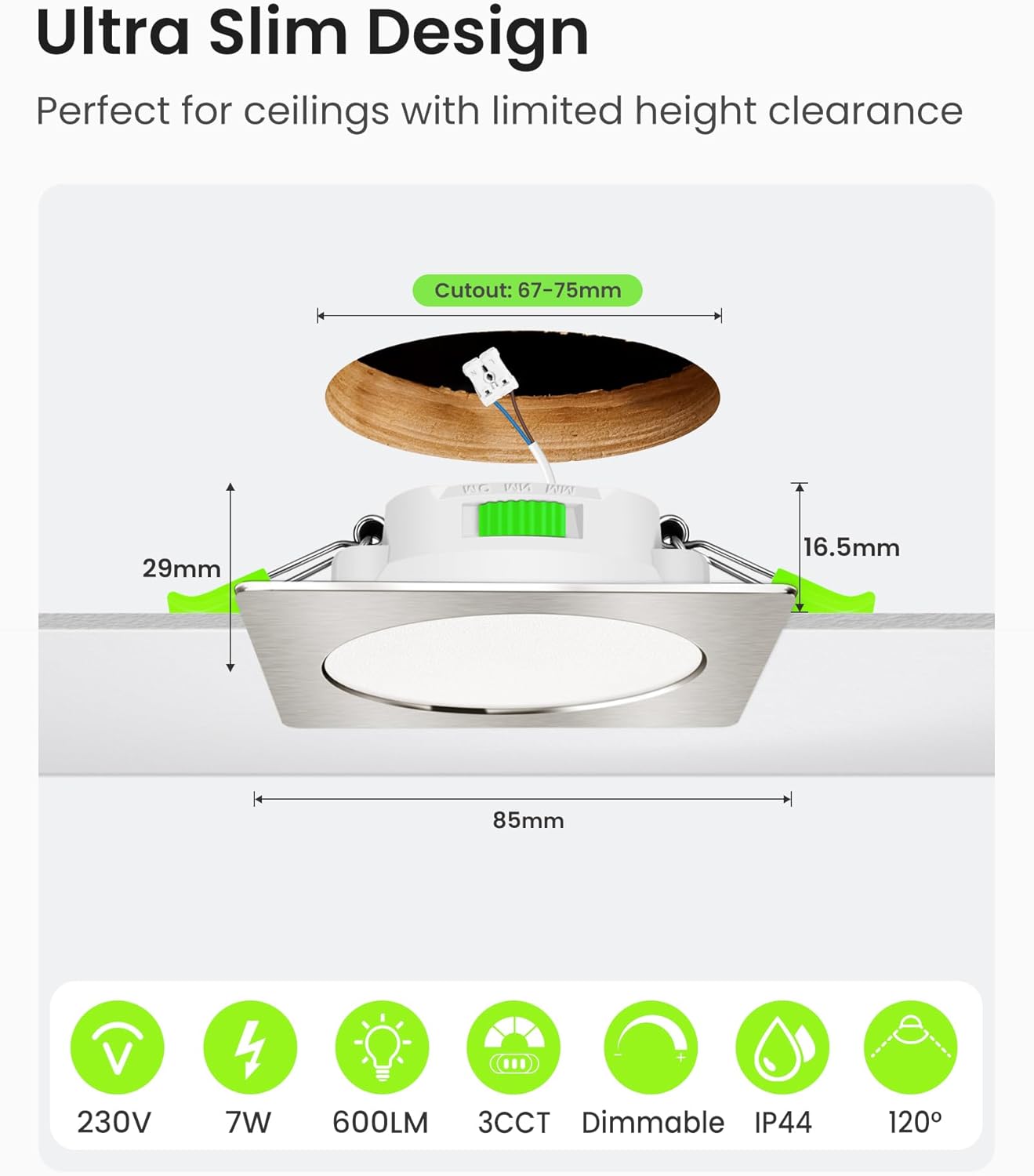 Thumbnail 1 de ALUSSO LED Einbaustrahler 230V eckig dimmbar, 7 W, IP44 (12er-Set) – 3 Farbtemperaturen wählbar, flach 68 mm, Nickel gebürstet