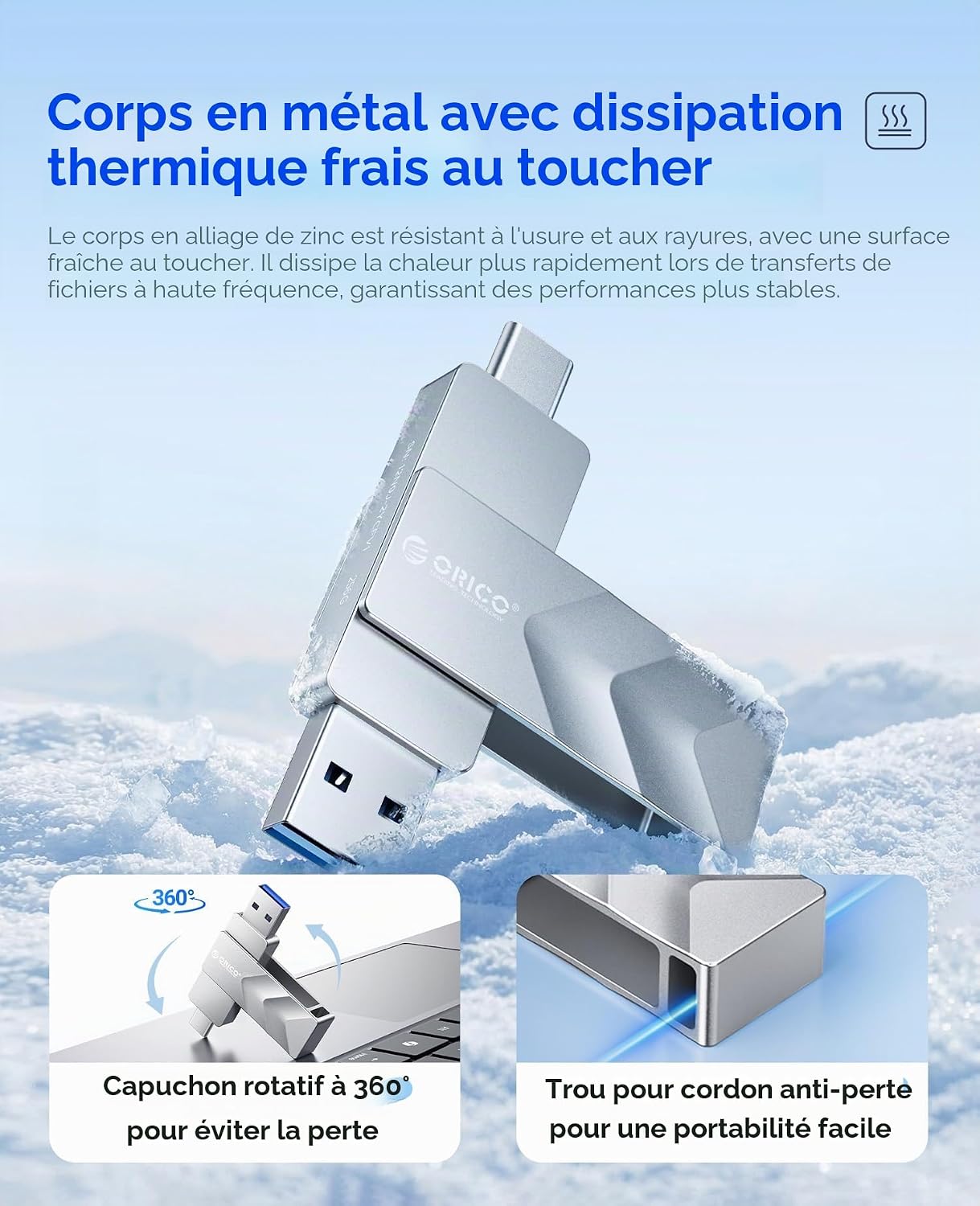 Detalle de ORICO Clé USB 128Go USB‑C dual connecteurs (A et C) – USB 3.2 Gen 1, OTG, 150 Mo/s
