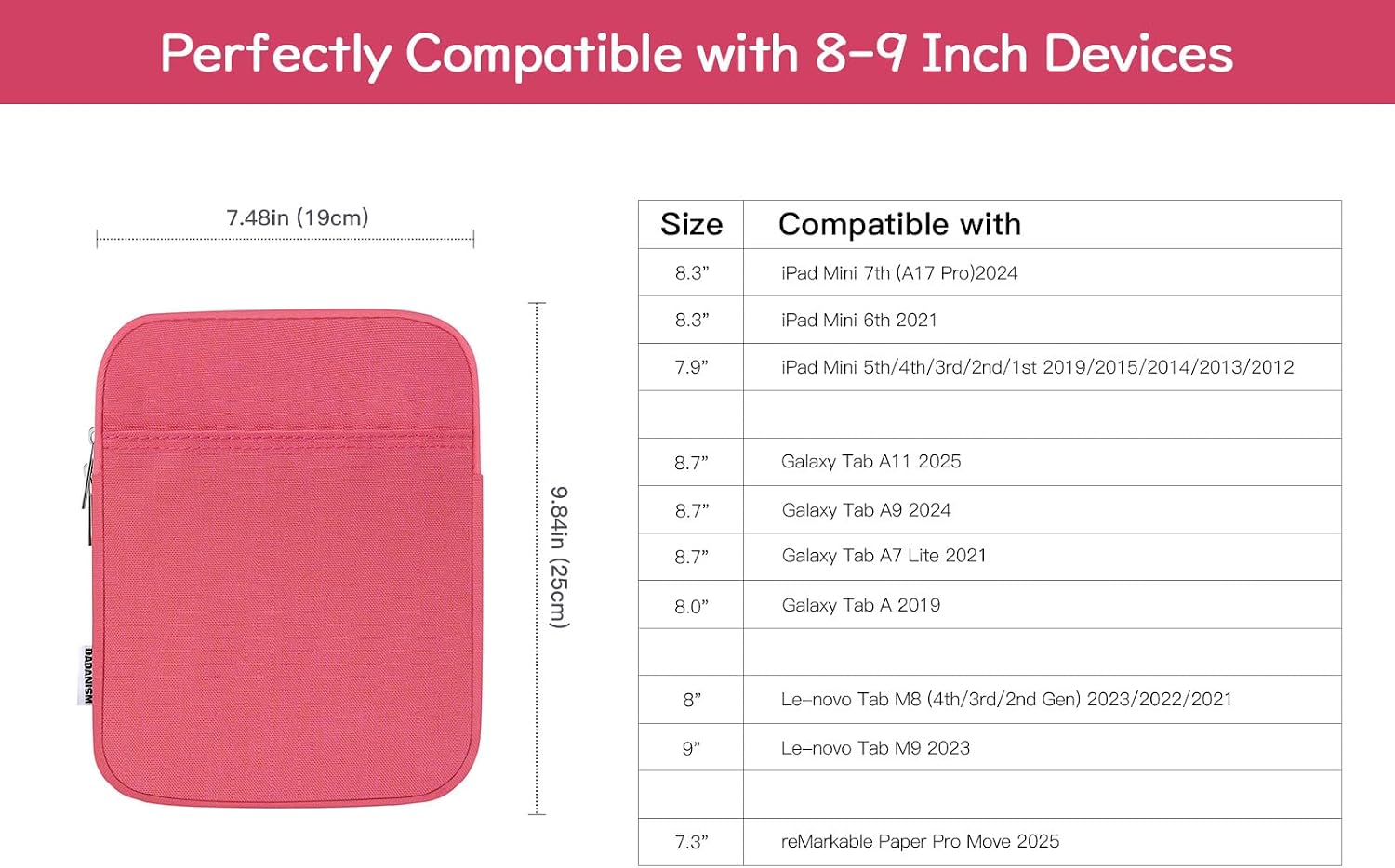 Detalle de Dadanism Tablet Tasche 8–9 Zoll (Wassermelonrosa) – kompatibel mit iPad Mini 7/A17 Pro 8,3" und weiteren 8–9" Tablets