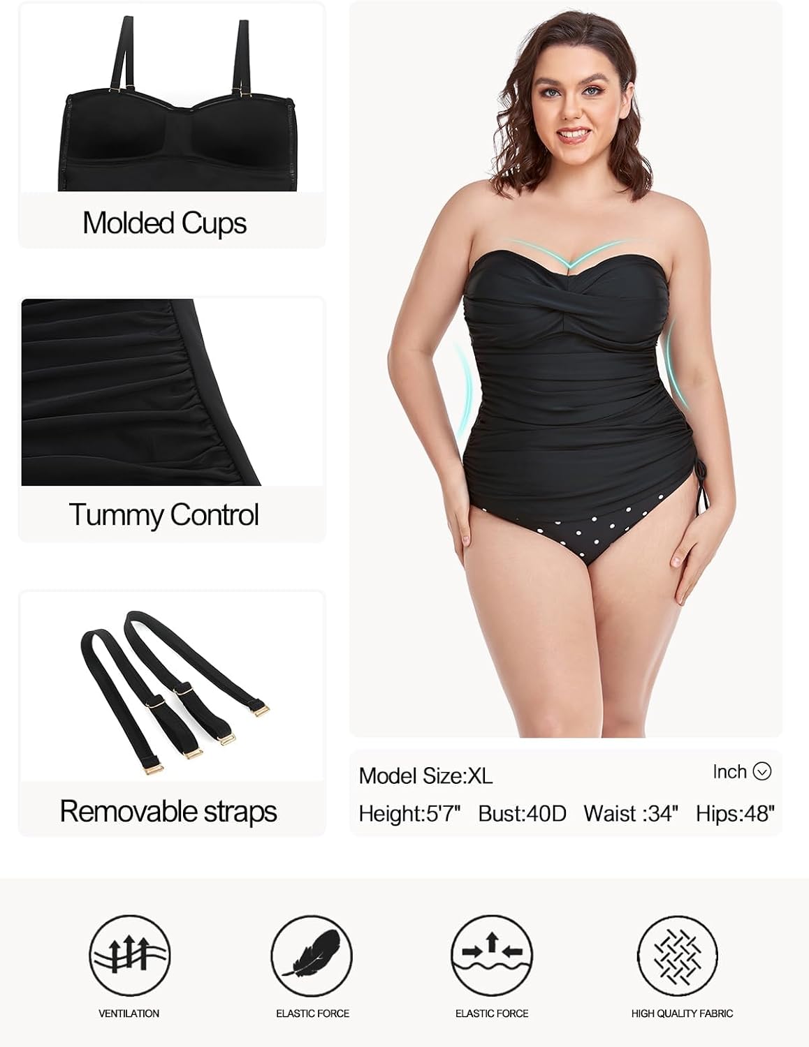 Detalle 2 de Ocean Blues Women's Twist Bandeau Swimsuit Top with Ruched Tummy Control (Tankini Top Only)