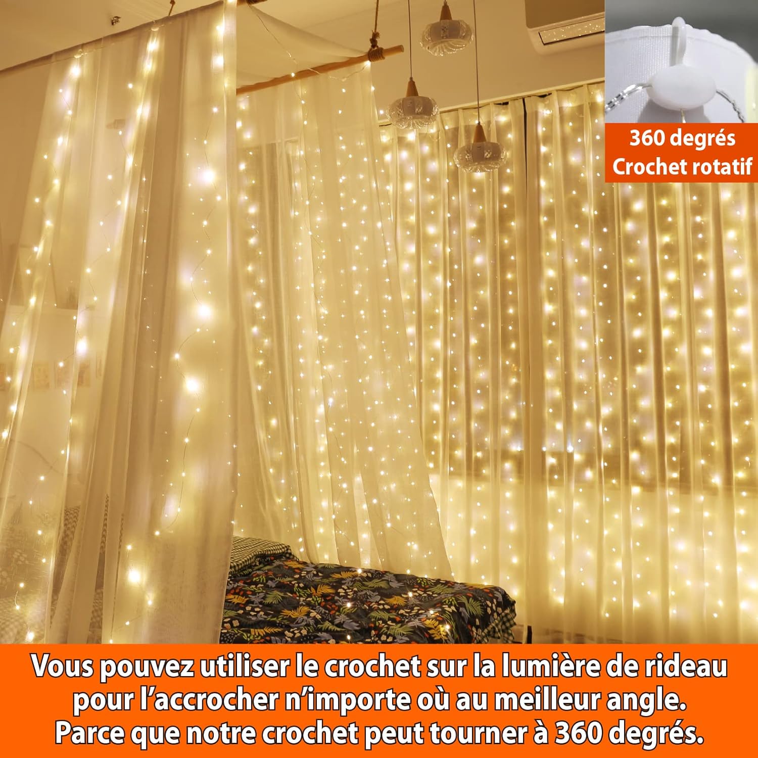 Detalle de HXWEIYE guirlande lumineuse rideau 300 LED (3 m x 3 m) blanc chaud, USB, télécommande et minuterie
