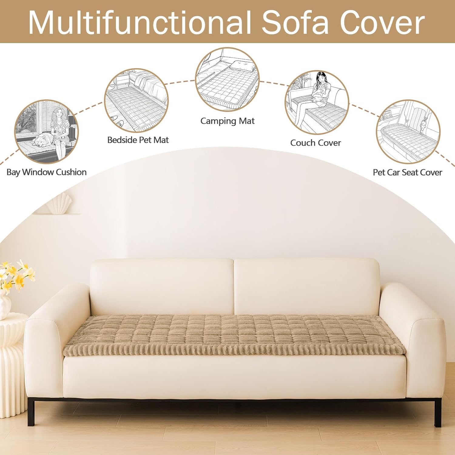 Detalle de Hyha Washable Non-Slip Plush Couch Covers for Dogs (Khaki, 27.6" x 70.9")