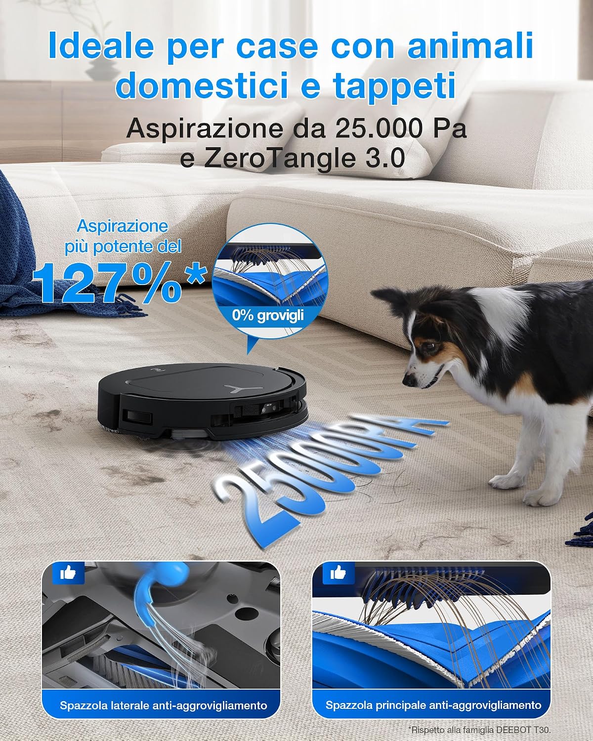 Detalle de ECOVACS Deebot T50 Omni Gen3: robot lavapavimenti con ZeroTangle 3.0 e stazione All-in-One