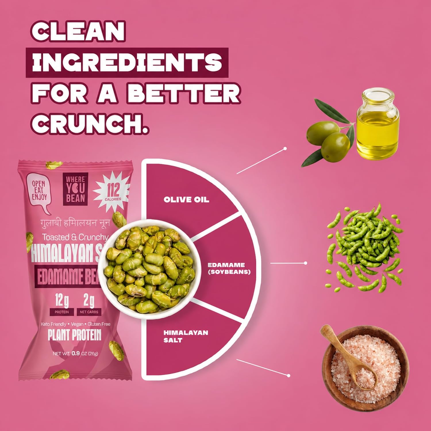 Detalle de Where You Bean Dry-Roasted Edamame Snack, Himalayan Salt, 12g Protein