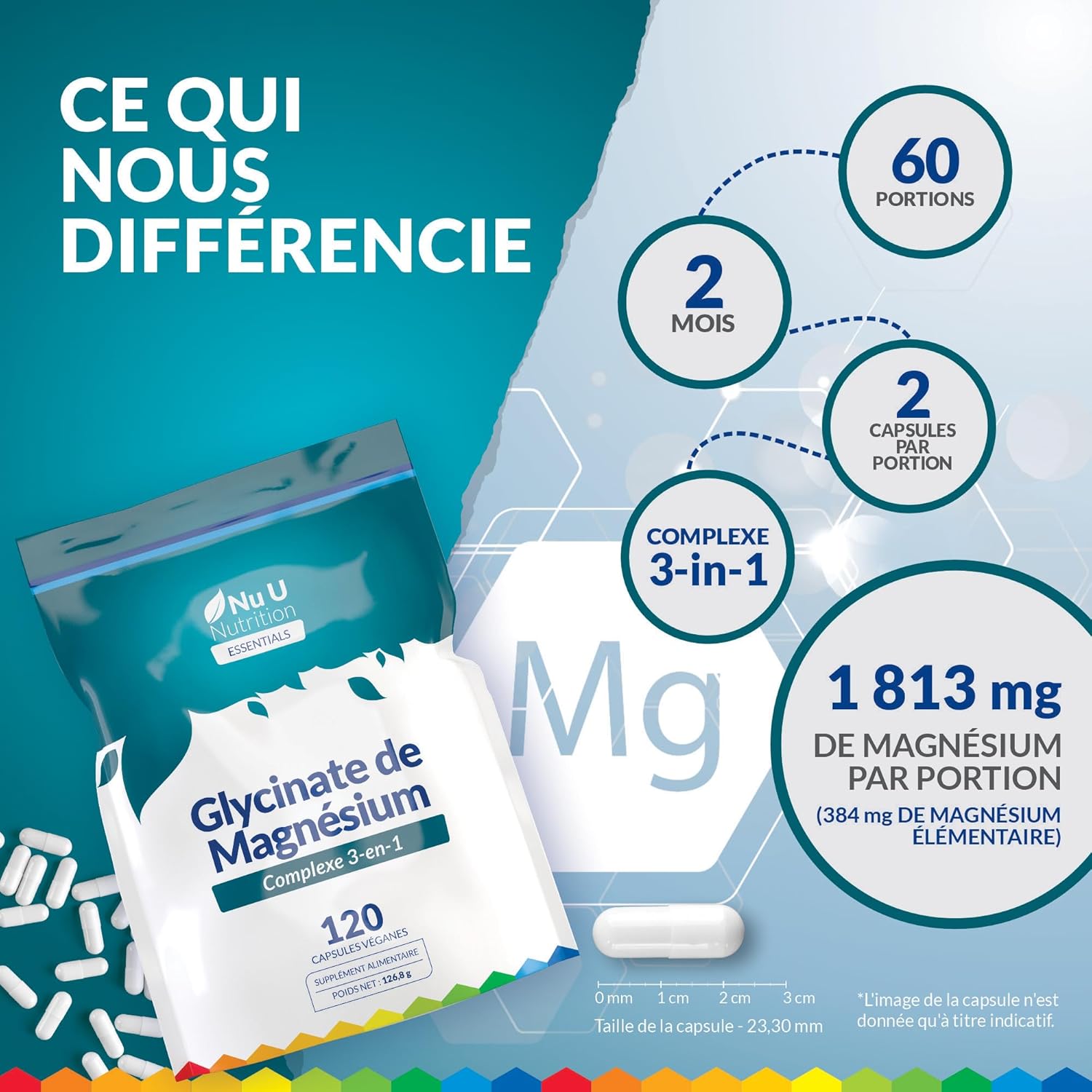 Thumbnail 3 de Nu U Nutrition Magnésium Glycinate 3-en-1 Complex 1813 mg - 120 capsules