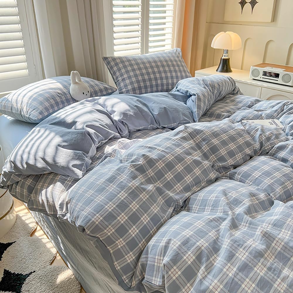 Thumbnail 2 de Covebett Housse de couette 140x200 à carreaux vichy bleu moderne avec fermeture éclair et taie 65x65