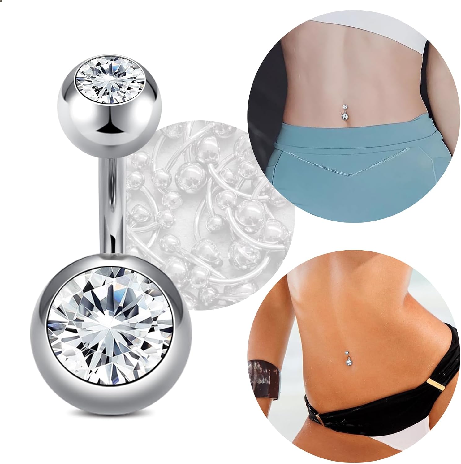 Detalle de AceFun Titanium Belly Bar - 10mm Silver Navel Bar with Cubic Zirconia