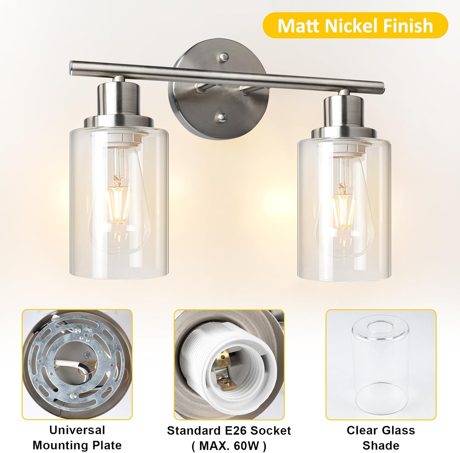 Detalle 2 de Unicozin RJ-WR02 2-Light Vanity Sconce, Brushed Nickel, Clear Glass, E26