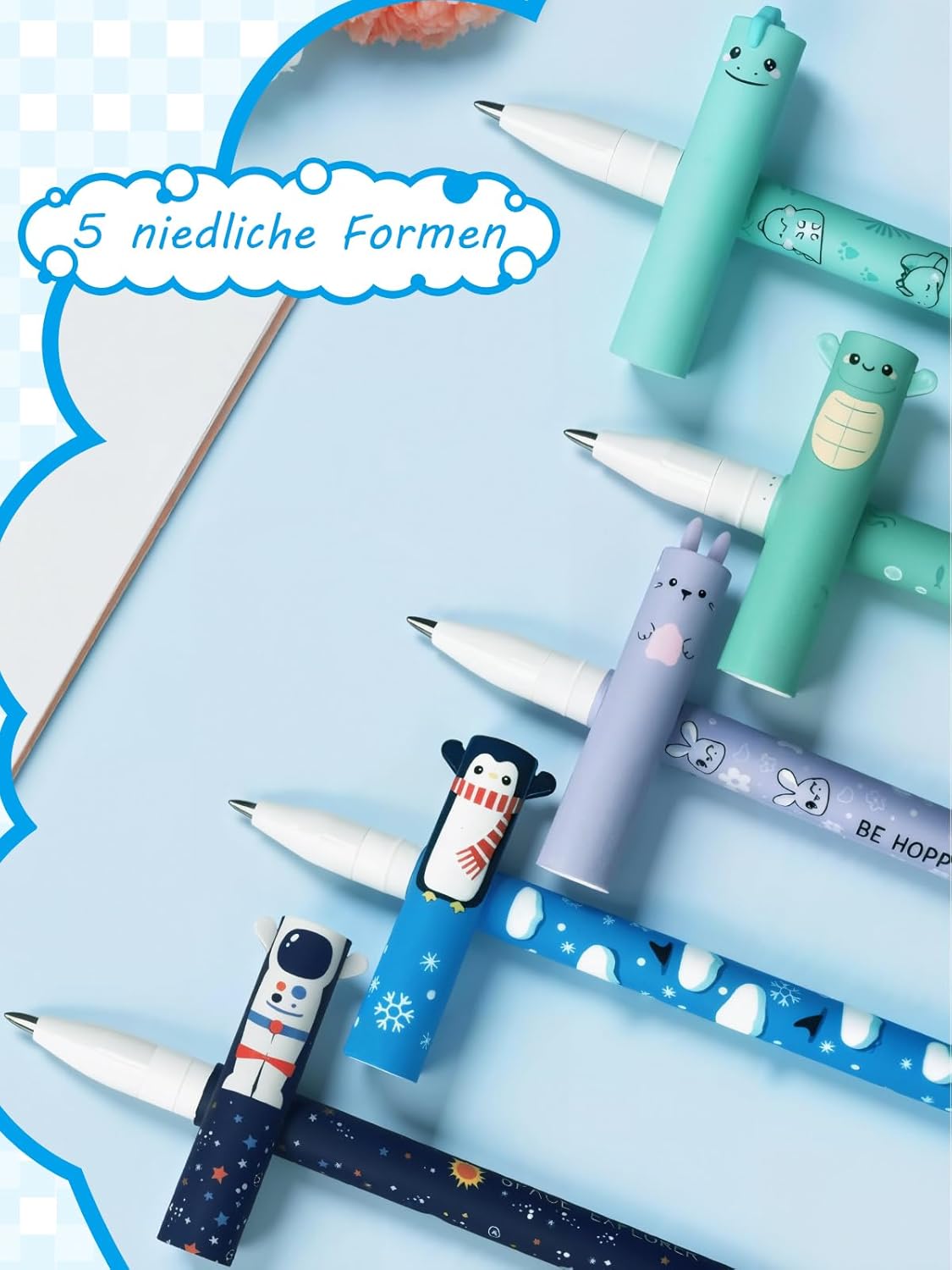 Thumbnail 5 de GutSache : lot de 5 stylos gel effaçables à encre sensible à la chaleur (pointe 0,7 mm) motifs pingouin, lapin, dinosaure, tortue & astronaute