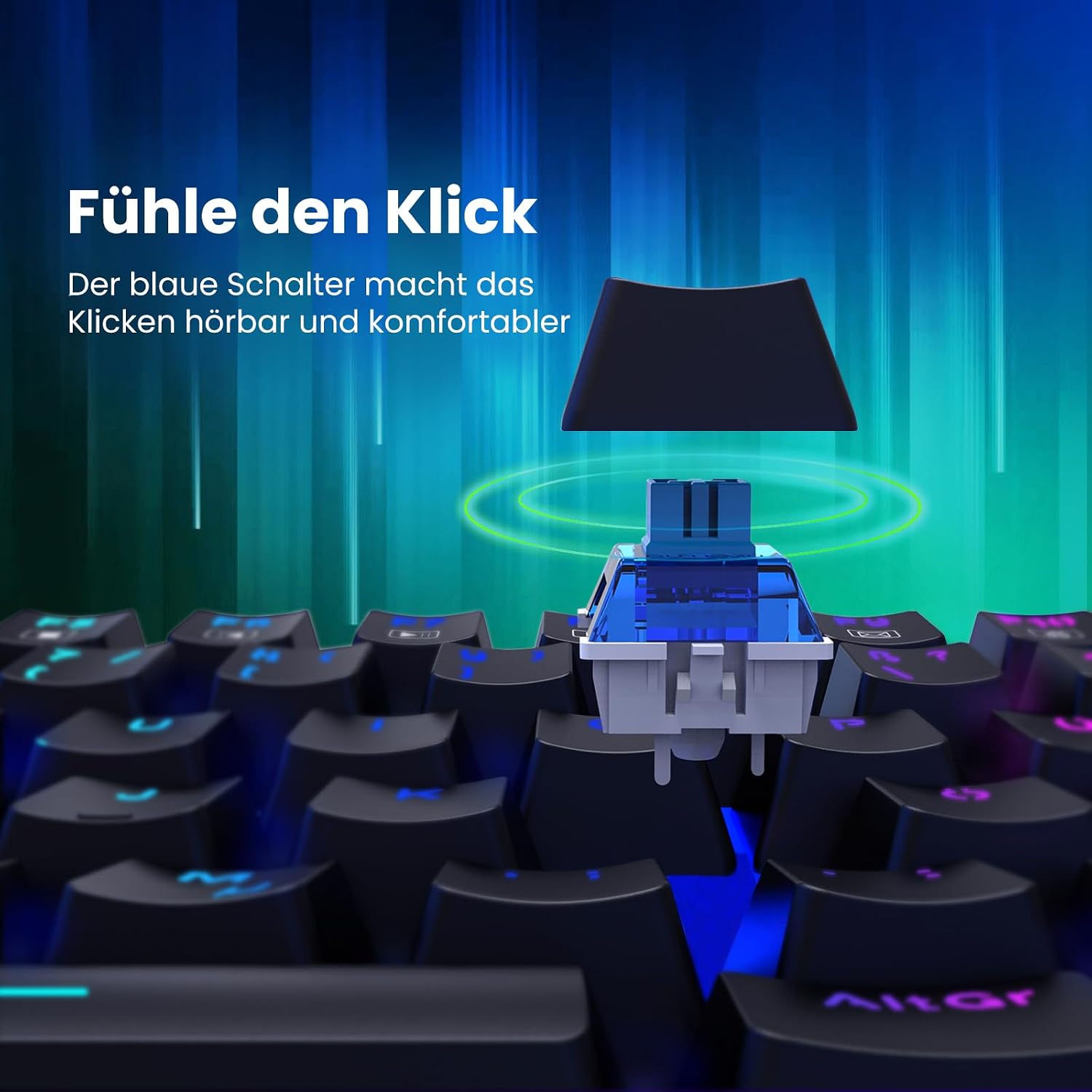 Detalle de Mechanische Gaming-Tastatur QWERTZ mit RGB und Blue Switches (104 Tasten) – USB-kabelgebunden, NKRO, wassergeschützt