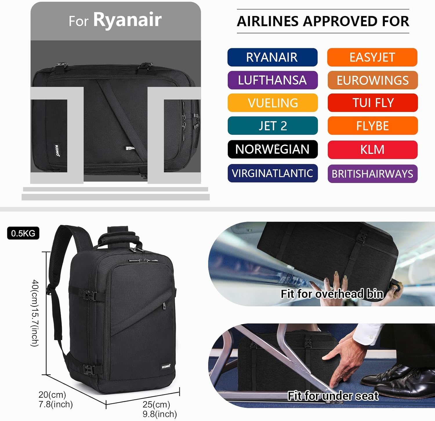 Detalle de KONO Kabinentasche 40 x 20 x 25 cm für Ryanair Untersitz – 20L, schwarz