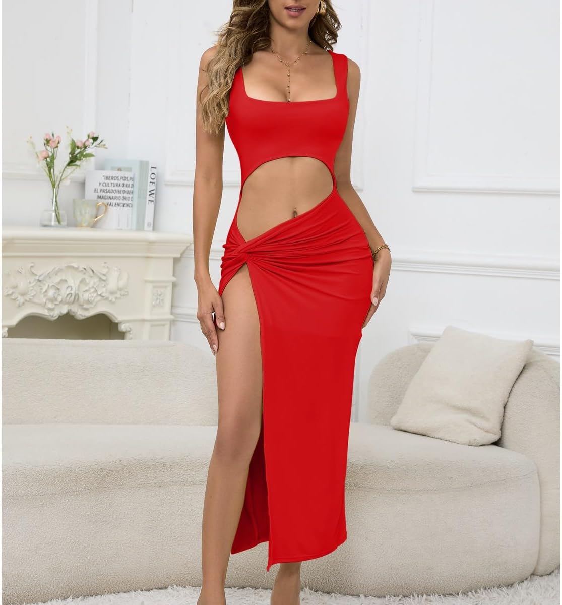 Detalle de Belriviere Women Long Midi Dress with Side Slit and Cutout Details