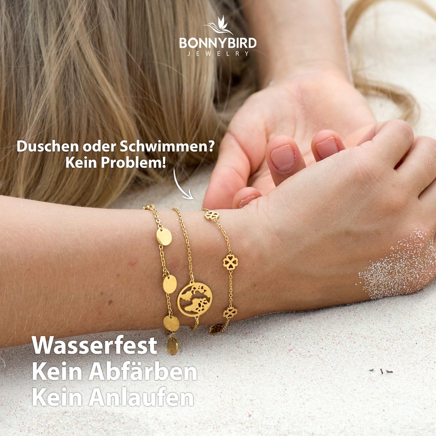 Detalle 2 de BONNYBIRD BonnyBliss Kleeblatt Edelstahl Armband als Glücksbringer zur Prüfung in Silber, Gold & Roségold