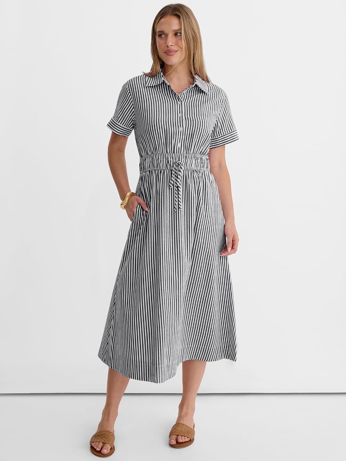 Detalle 2 de ANRABESS Women Summer Short Sleeve Midi Dress: Striped & Gingham, Casual A-Line Shirt Dress