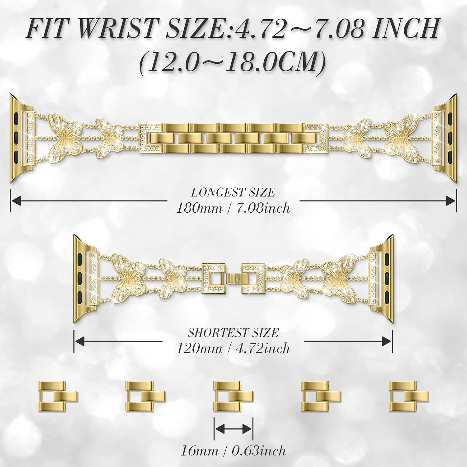 Detalle de Musk-MSKR Metal Diamond Starlight Band for Apple Watch – Butterfly Rhinestone Metal Band (38–49mm)